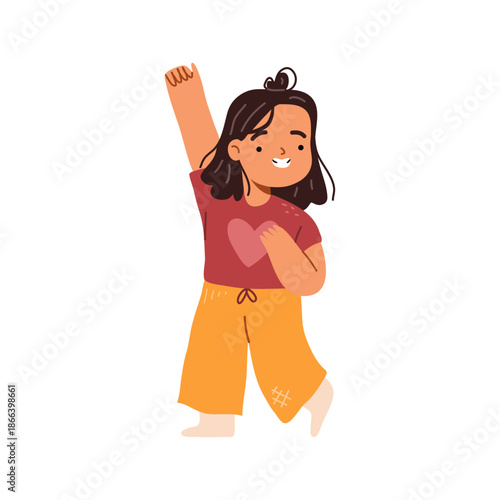 Positive child girl dancing and expressing positive emotions. Vector in flat style, isolated cute kiddo, preschooler with smiling face and raised hands, jumping and dancing. Cheerful toddler