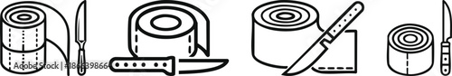 Surgical knife with rolled bandage bold black medical line icon illustration