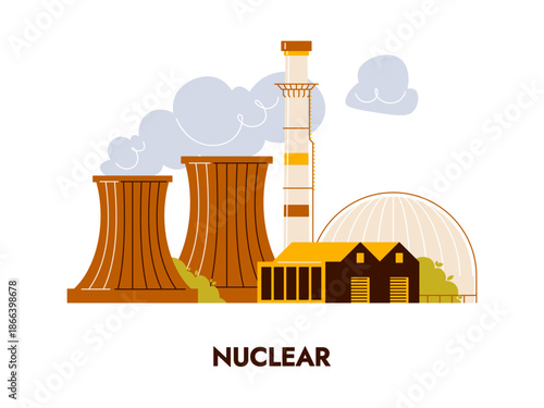 Power plant, station producing energy and electricity. Vector facility with nuclear reactor and control rods, steam generator and turbines. Factory or manufacturer, refinery with smoke from pipes