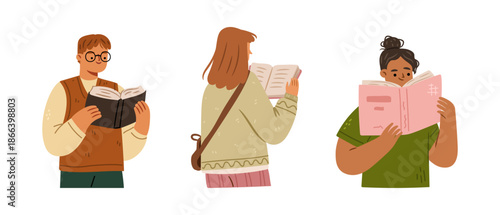 People reading books, isolated cartoon characters studying. Vector male and female smiling personages with fiction novel enjoying hobby in library or home. Students of college or university