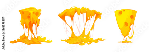 Melted swiss cheese flowing downward. Vector isolated set of elastic emmentaler pieces with sticky texture. Melty fromage or stringy dairy products. Hot cartoon cheddar with bubbly surface