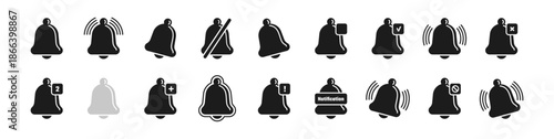 Notifications and alerts icons, isolated monochrome set of bell symbols for apps and websites. Vector incoming messages updates, social media reminders or important activity. Event or action signs