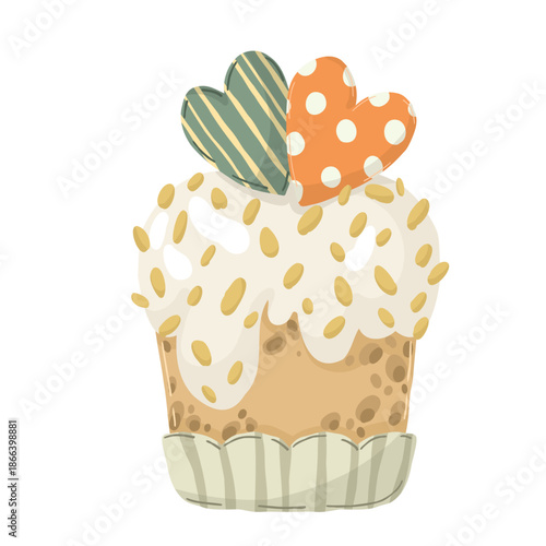 Traditional Easter cake with colorful sprinkles and decorations, vector illustration. Hand-drawn festive bread on a plate, isolated on a white background, for religious holiday and spring design.n
