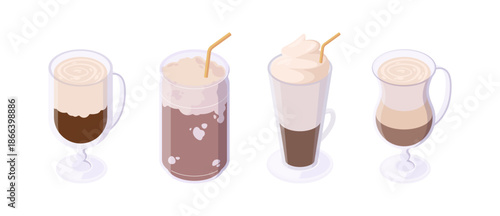 Icy and blended caffeine drinks with creamy and frothy texture. Vector isolated glasses of cold coffee with straws, milk and crushed ice and whipped cream. Refreshing beverage during hot weather