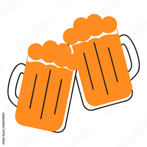 Two beer mugs clinking together in orange color graphic design  