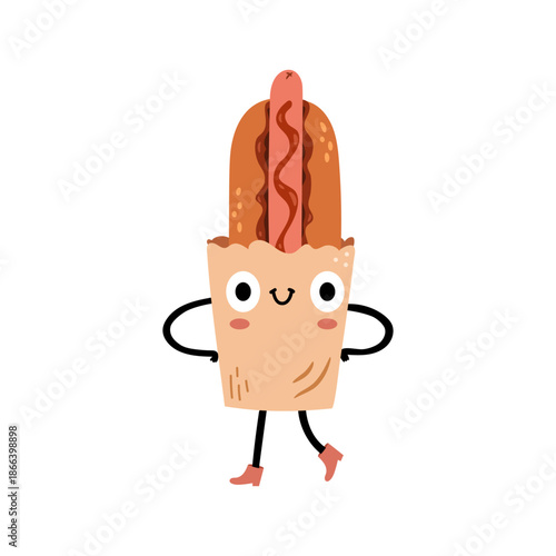 Funny hot dog cartoon character with smiling facial expression. Vector groovy food personage mascot with arms at sides. Emoticon or sticker with hand and legs. Smiling mascot with blush on cheeks