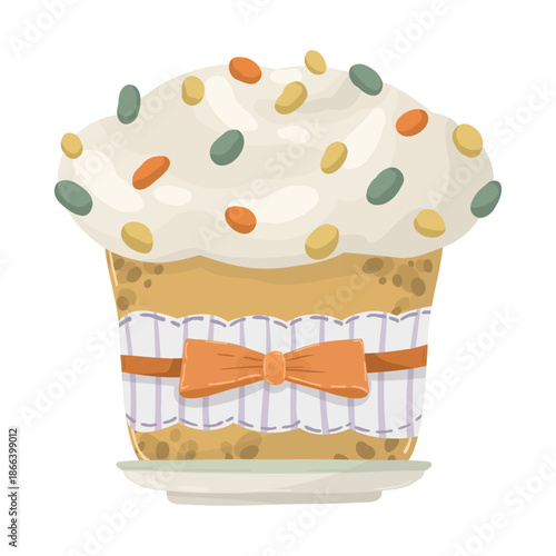 Traditional Easter cake with colorful sprinkles and decorations, vector illustration. Hand-drawn festive bread on a plate, isolated on a white background, for religious holiday and spring design.n