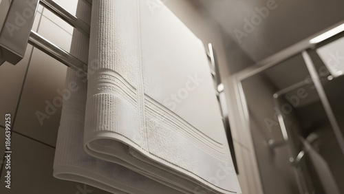 Bathroom Bliss: Crisp, clean white towels, perfectly arranged on a sleek towel rack, exuding a sense of freshness and relaxation.