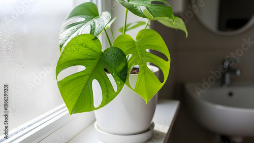 Monstera Plant by Window: A lush Monstera plant, its vibrant green leaves capturing the essence of indoor greenery, sits by a sunlit window, creating a refreshing atmosphere.