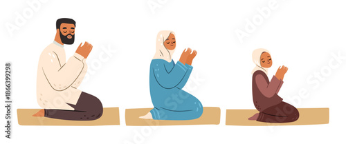 Father, mother and daughter making dua to Allah after obligatory morning prayer. Vector muslims dressed in clothes suitable for namaz sitting on prayer rugs. Family worships and Ramadan