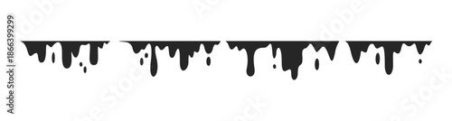 Long trails of paint dripping downward, forming irregular lines and splashes. Vector graffiti or DIY art projects elements set. Colorant streaks collection in monochrome style with splatters