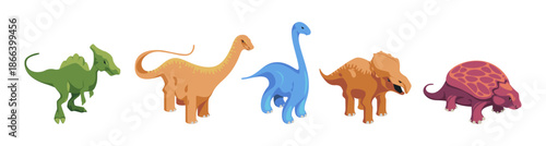 Extinct animals from prehistoric period, isolated set of dinosaurs. Vector dino triceratops and stegosaurus, Jurassic creatures and species with wings, fins and claws. Isometric land wild reptile