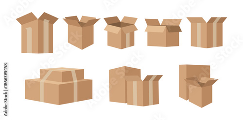 Cardboard box mockup set from side view, open and closed. Vector isolated parcels collection with tapes, packaging template for delivery and distribution company. Courier express moving