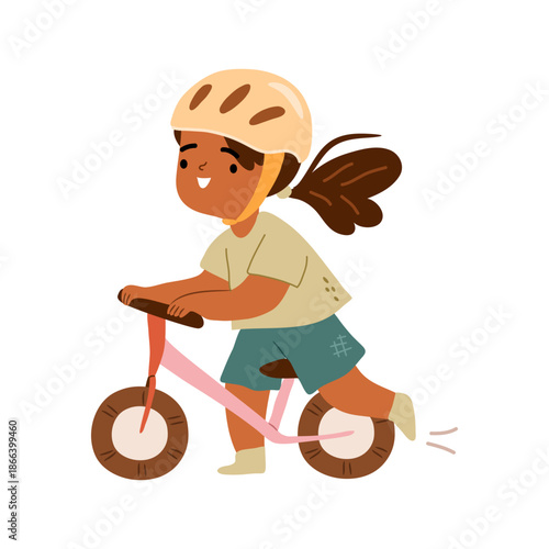 Preschool cyclist wearing helmet for safety. Vector in flat style, isolated cute character personage riding on bike. Cycling activity and recreation for children. Learning and mastering motor skills