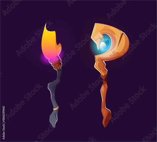 Set of magic staff, wands or walk sticks with glow gems and crystals. Vector cartoon magician or warlock weapon rods for sorcerers spell or battle, mystical assets for fantasy game mages and wizards