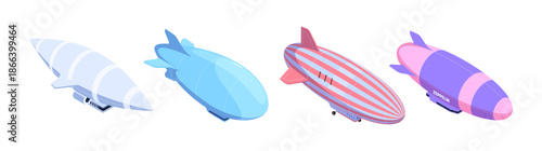 Airships and mobile hot air balloons with cabins and baskets. Vector vintage air transport, aviation vehicles. Vintage conveyances with propeller, zeppelins or dirigibles collection