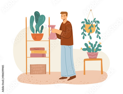 Man watering plants by spraying and cleaning leaves. Vector in flat style, florist shop or garden, orangery or hothouse. Hobby of male character, eco friendly personage, gardening at home