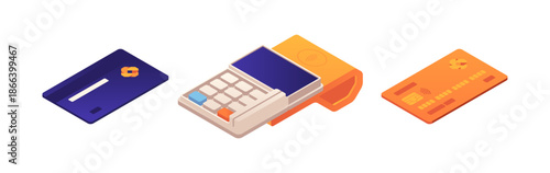 Cashless and wireless system of banking, payment and transactions. Vector isometric terminals with NFC function, device making checks and bills for clients. Digital banking and smart retail