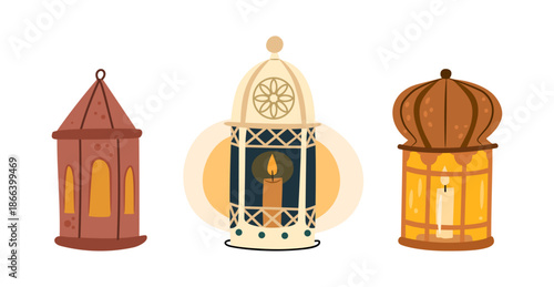 Outdoor and indoor lanterns with candles, isolated eastern fanoos with light. Vector Ramadan month decoration, muslim seasonal celebration. Islamic festive decorative items collection
