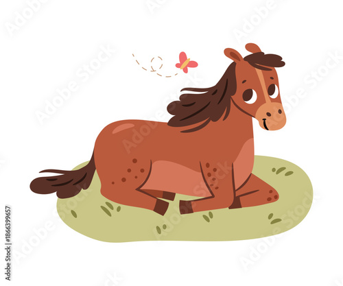Cute horse laying on meadow, isolated domesticated creature or pet with spots. Vector stallion with smiling muzzle expression, pony resting on field. Cartoon character with long mane