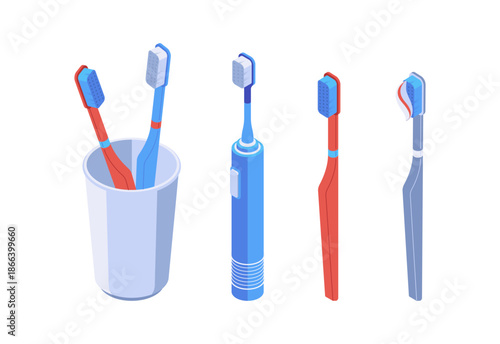 Toothbrushes with thin and thick bristles. Vector isolated electric gadgets help cleaning teeth and reduce cavities risk. Set of modern brushes for healthy smile and hygiene. Dental care