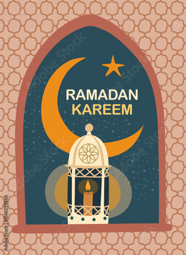 Ramadan Kareem, greeting poster for holy month of muslims. Vector mosque window in form of arch with crescent moon, stars and Arabian lantern. Islamic religious holiday symbols and elements