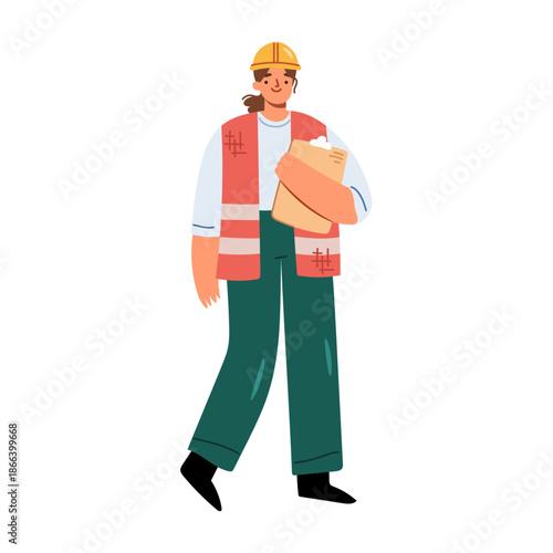 Construction worker or manager, inspector on manufacturing. Vector in flat style, isolated female character in helmet holding paperwork, renovation and inspection control of work norms and conditions