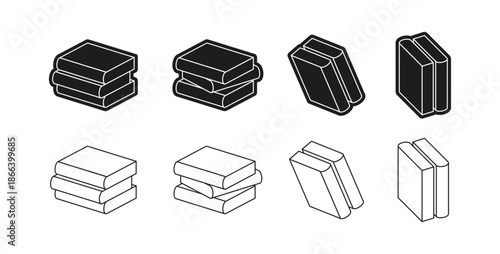 Publications stacks and piles. Vector monochrome books icons set. Isolated school or university documents, textbooks or literature. Learning and studying, obtaining education in library