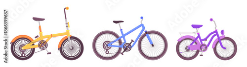 Various kids bikes or bicycles collection with diverse frame types for boys and girls of different ages. Vector isolated set of human powered transport for children. Commuted and road wheelers