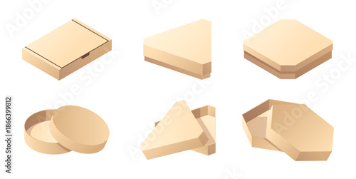 Cardboard boxes for packing and delivery in shape of triangle, hexagon, square and circle. Vector packaging with lids, empty paper bags for moving out or transportation, pizza and meal