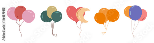 Inflatable helium balloons with ribbons. Vector isolated icon of glossy flying decoration for special celebration events. Carnival or festivity, holiday decor and design for birthday