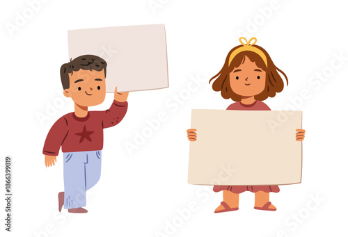 Smiling kids holding empty banners. Vector funny children cartoon characters with clean advertising posters. Boys and girls meeting, placards for text templates. Pupils with blank paper sheets