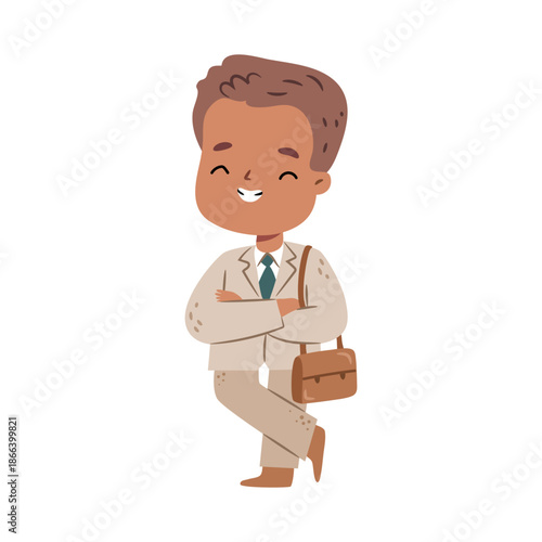 Cute child with briefcase. Vector in flat style, isolated kawaii business mascot or sticker, avatar for CEO of company, team leader for metaverse. Employer boss with big smile facial expression