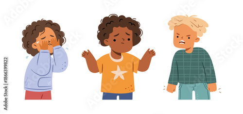 Children expressing negative feelings, boys personages set. Vector isolated cartoon characters conveying negative emotions. Crying and and anger, sadness and surprise. Displeasure or hostility