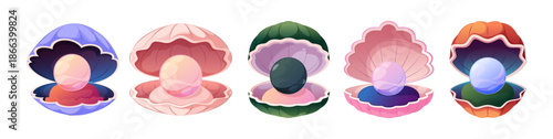 Cartoon pearl shells set. Vector ocean creatures collection, isolated open scallops with luxury spheres. Underwater marine jewels in oysters. Sea decorations. Environment of aquatic life