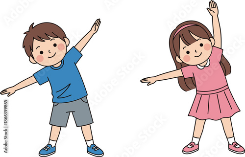 Cute Kids Doing Stretching Exercise Cartoon Illustration, Boy and Girl Warming Up with Side Stretch for Children Fitness, School Activities and Healthy Lifestyle Concepts