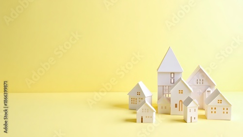 White Paper Houses Arranged on Yellow Background
