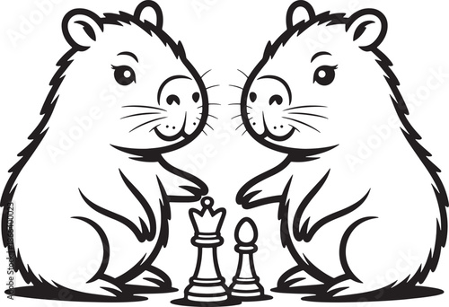 Cute Capybaras Playing with Chess Pieces Illustration Line art