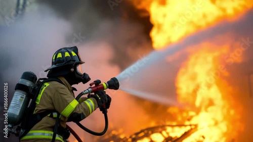 Firefighter battling intense flames with hose in emergency response situation