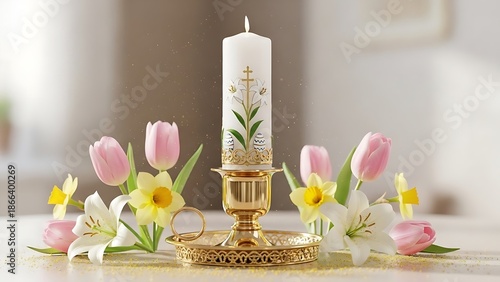 Paschal Candle and Spring Flowers Easter Religious Decoration