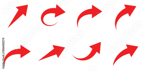 A collection of red arrows pointing in different directions on a clean background from a straightforward viewpoint showcasing various arrow styles