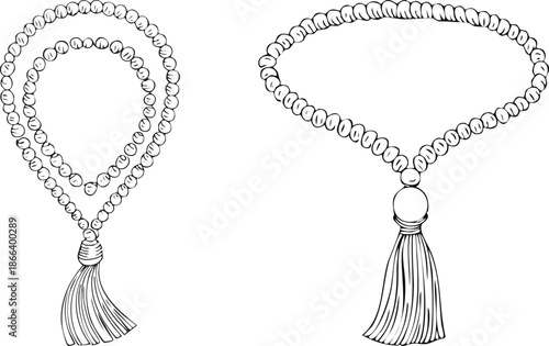Prayer beads mala with flowing tassel bold black spiritual line art illustration
