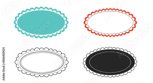 Versatile set of four scalloped oval frames in teal red white and black colors with either dotted or solid borders.