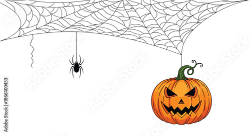 Spooky halloween scene featuring a large spider web a small black spider hanging down and a scary orange pumpkin.
