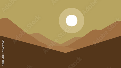 Minimalist Desert Landscape with Sun and Mountains Illustration.