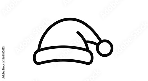 Simple black and white line art illustration of a classic santa claus christmas hat with a soft trim and pom pom on a white background.