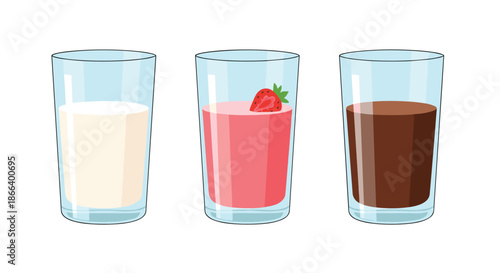 Collection of three refreshing glasses containing plain white milk, pink strawberry milk with fruit garnish, and dark chocolate milk.