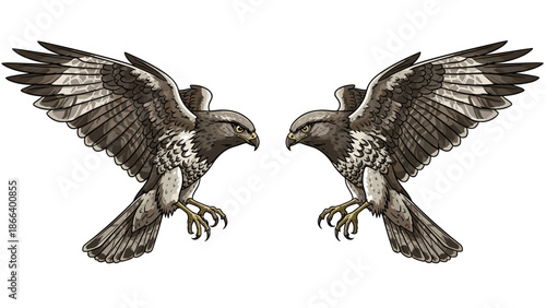 Mirror Image of Two Hawks in Flight with Wings Spread.