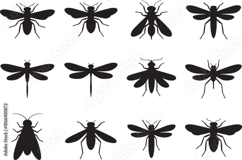 flying Insect and Wasp Collection of Black Silhouettes