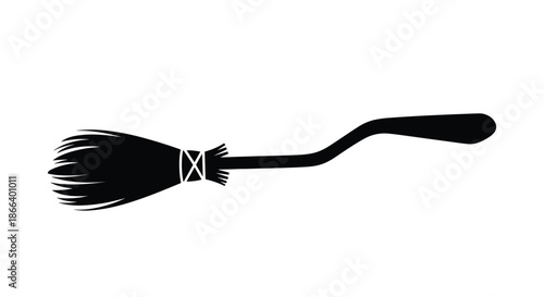 Solid black silhouette of a witch broomstick with a curved handle and tied bristles for halloween icon design.